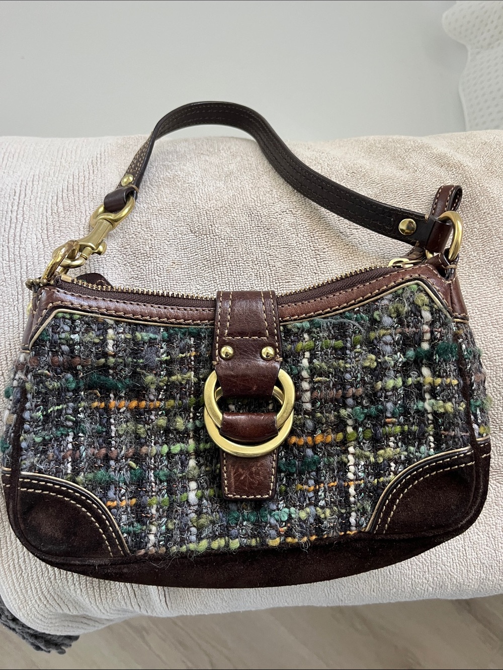 Coach Brown Leather and Multicolor Tweed Shoulder Bag